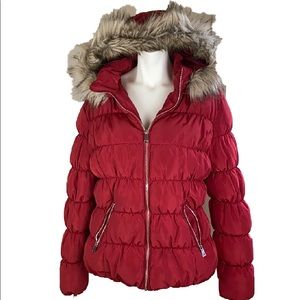 Red Puffer Winter Coat with Detachable Hood